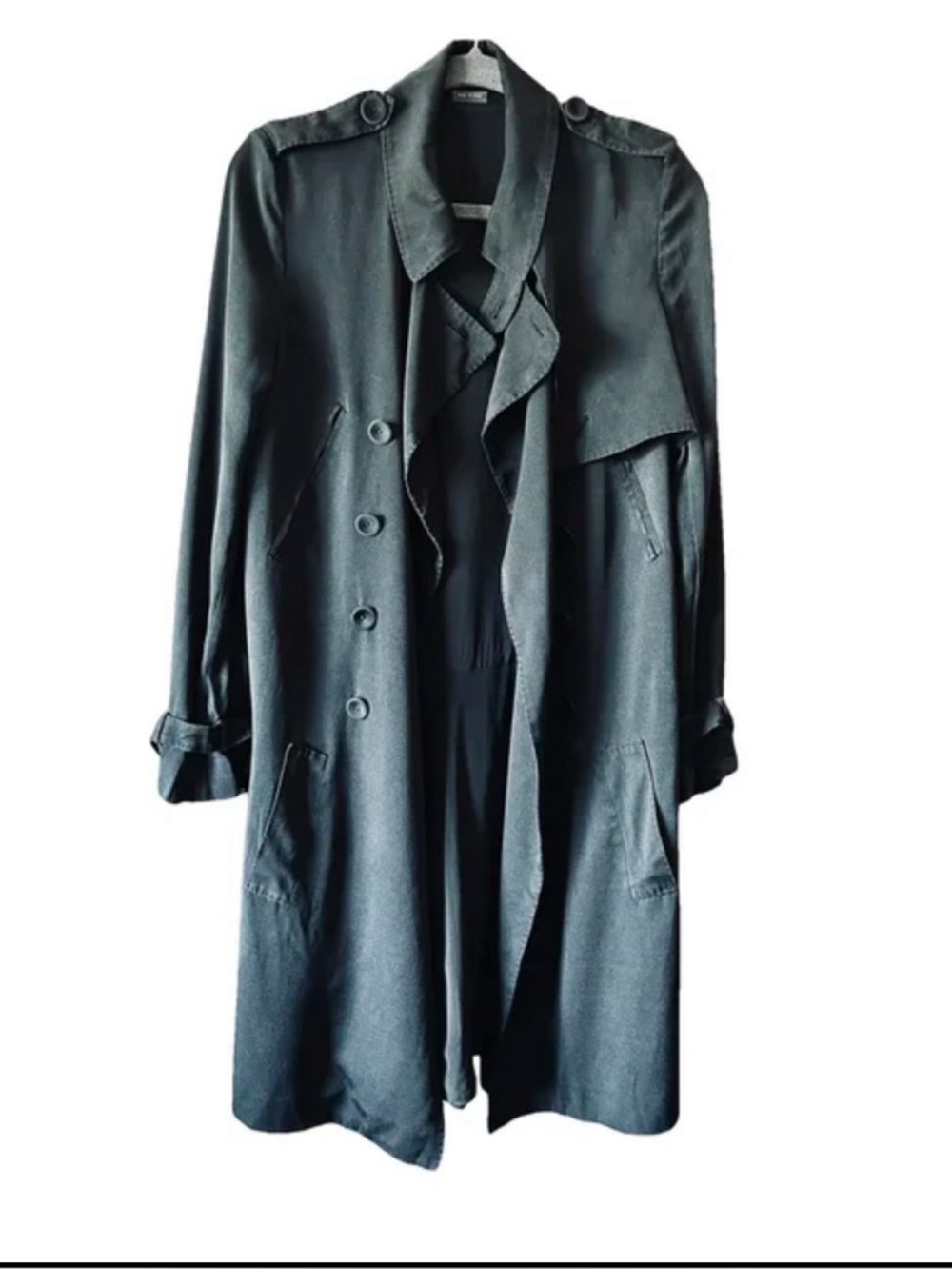 Alexander McQueen Black Silk Trench Coat Draped Double Breasted IT 38 Italy